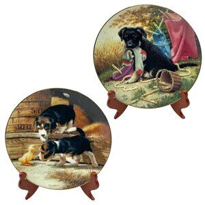Vintage Puppy Playtime Collector Plate Set of 2 Getting Acquainted Hanging Out